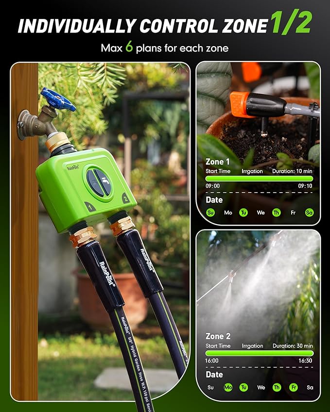 RAINPOINT WiFi Water Timer for Garden Hose, 2 Zone WiFi Sprinkler Controller, Smart Hose Timer Valve, Automatic Drip Irrigation System/Rain Delay for Garden/Lawn/Yard (Brass Inlet, WiFi Gateway)