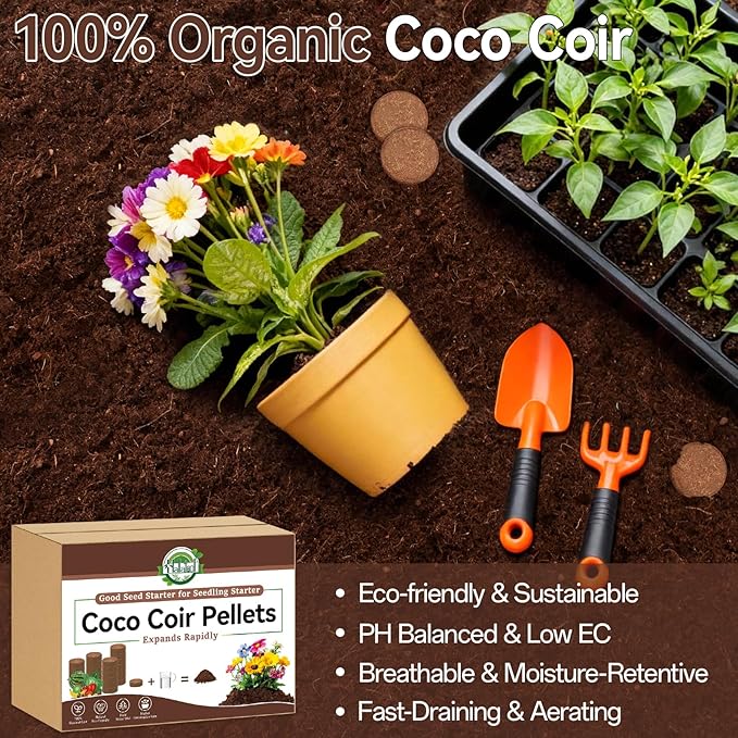 Halatool 200 Pcs Coco Coir Pellets, Coconut Soil Pellets for Seed Starting, Potting Soil Mix, Cat Grass Soil, Compressed Dirt Pods for Plants, Vegetables, Fruits, Flowers