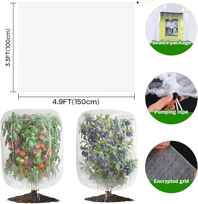 2 PCS Fruits Tree Netting Cover for Garden 3.3 x 4.9 ft Garden Insect Bird Barrier Plant Netting for Tomato Blueberry Bush Netting Covers Deer Cicada Netting Cover Bag with Drawstring