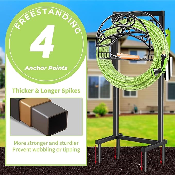TomCare Garden Hose Holder Upgraded Water Hose Holder Heavy Duty 4 Spikes Hose Hanger Holds 160 Feet Hoses Stable Freestanding Hose Storage Organizer for Outside Yard