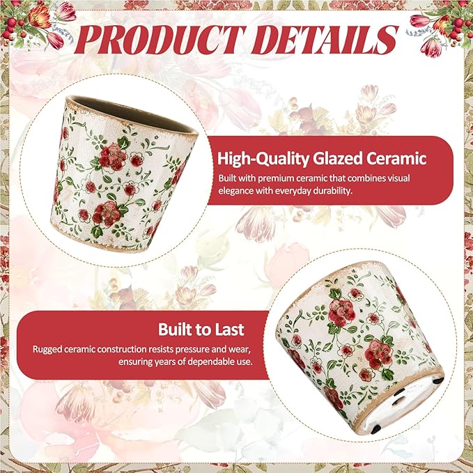 Beeveer Farmhouse Ceramic Planter 5.5 Inch Large Plants Pot Crack Beige Red Rose Flowers Plant Pots with Drainage Hole Indoor Plants Kitchen Rustic Antique Decor Gift
