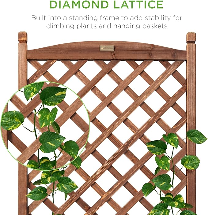Best Choice Products Set of 2 48in Wood Planter Box & Diamond Lattice Trellis, Mobile Outdoor Raised Garden Bed for Climbing Plants w/Drainage Holes, Optional Wheels - Walnut