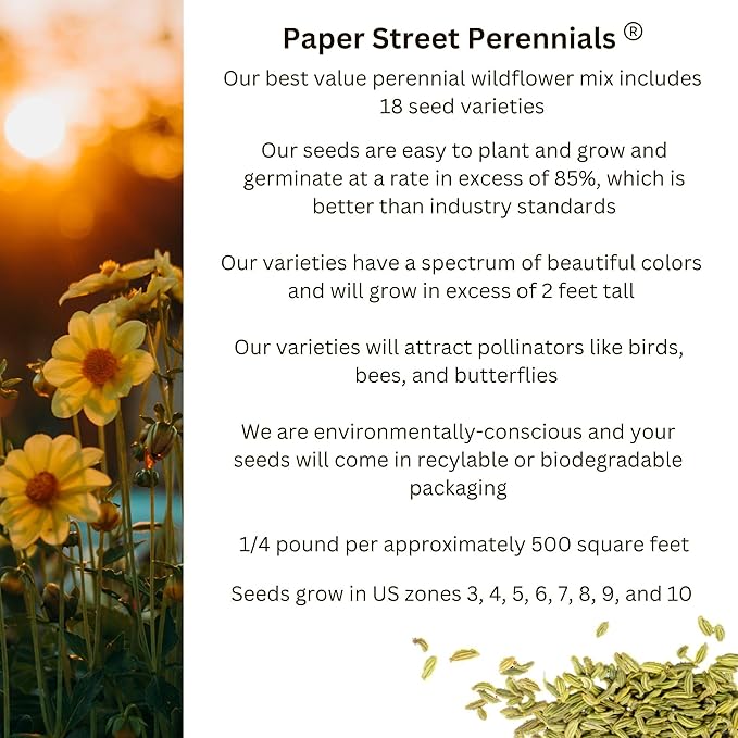 Nationwide Perennial Wildflower Seed Mix 1/4LB 500sq-ft Lupine Shasta Daisy Attract Pollinators, Spring Fall, Zones 3, 4, 5, 6, 7, 8, 9, 10 (All U.S.) Earth-Friendly Packaging
