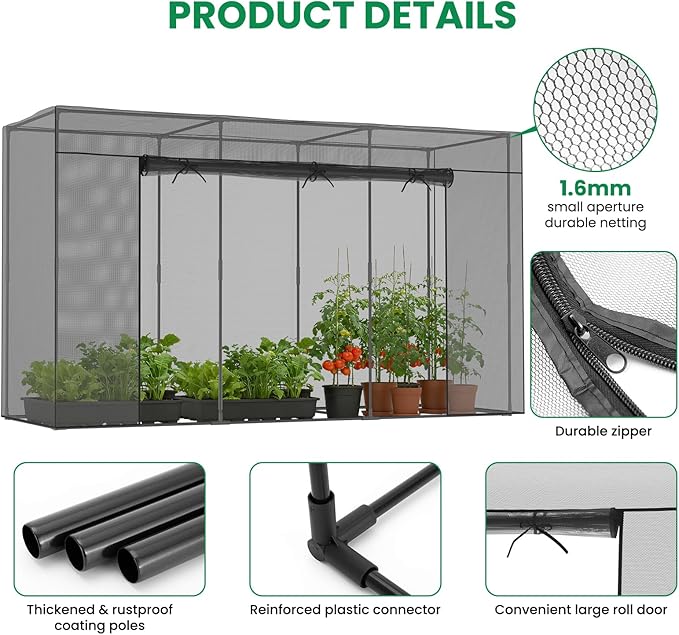 SUNYRISY Garden Plant Netting Crop Cage for Garden Raised Bed, 9.8 x 3.3 x 6 Ft Plant Cover Cage Protectors from Animal for Outdoor Plants with Frame and Zippered Door, Black