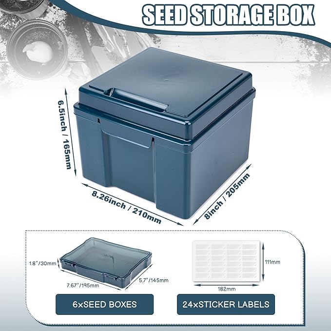 Dark Green Seed Storage Box with 6 Inner 57 Inch Small Boxes, Portable Tool Storage Box for Fishing, Garden Seed Packet Storage Organizer with Label Stickers