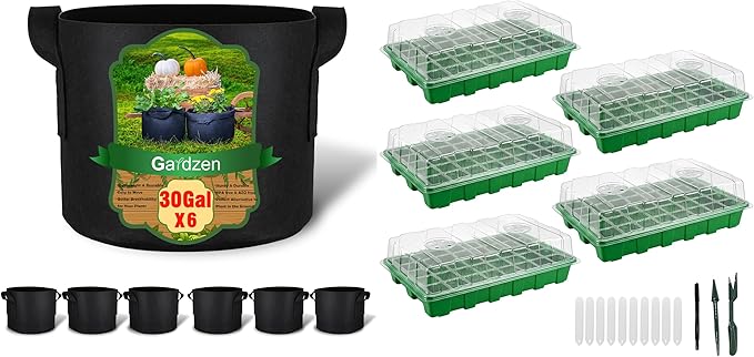 Gardzen 6 Pack 30 Gallon Grow Bags & 5 Pack 40 Cell Seed Starter Tray Kit, Thickened Aeration Fabric Pots with Handles, BPA Free Reusable Seedling Trays with Humidity Vented Domes for Indoor Outdoor