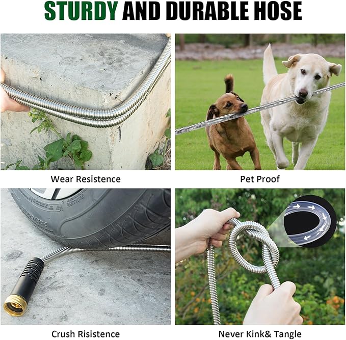 Garden Hose 50 ft, Stainless Steel Water Hose 50ft Heavy Duty with 10 Function Nozzle, Flexible No-Kink Metal Hose 50 Feet, Pet-Proof Water Pipe for Outside Yard