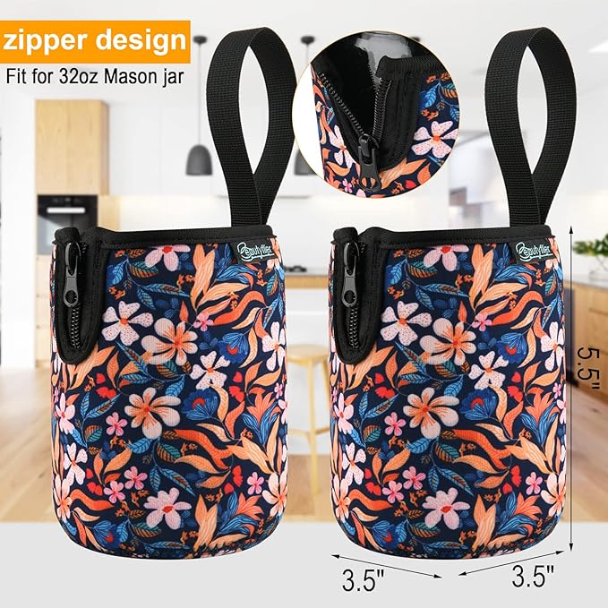 Beautyflier Mason Jars 32oz Wide Mouth Sleeve Regular Mouth Mason Jars Insulators Drinking Glass Coolers Sprouting Jars Blackout Sleeve (Colorful Flowers)