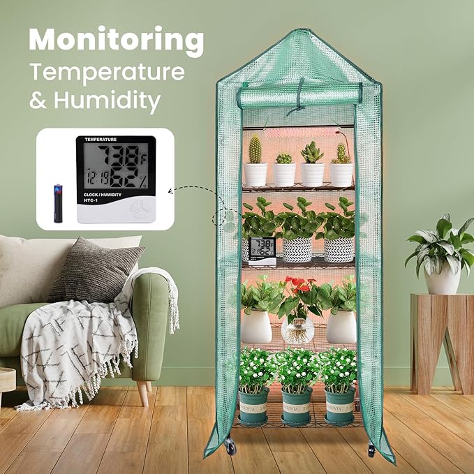 4-Tier Indoor Mini Greenhouse with Grow Lights, 32W Full Spectrum Plant Light with Timer, Adjustable Metal Shelves, 69.6"x22"x18.5" Portable Plant Stand for Seed Starting & Indoor Plants