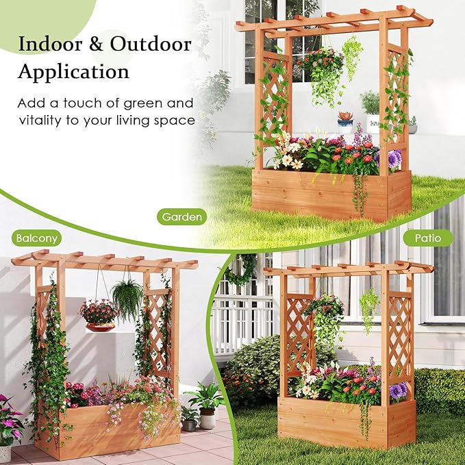 HAPPYGRILL Raised Garden Bed with Trellis, Freestanding Wood Planter Box w/Hanging Roof & 4 Drainage Holes for Vine, Climbing Plants, Flowers, Outdoor Planter with Trellis for Garden, Patio, Yard