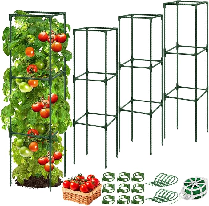 3 Pack 48" Tomato Cage for Garden, Heavy Duty Adjustable Plastic Coated Steel Pipe Tomato Stakes Trellis Plant Cages for Vegetable, Fruit, Flower, Rose Vine Climbing Plants