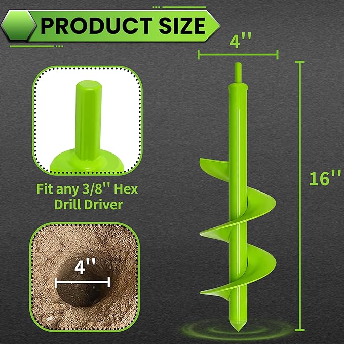 Auger Drill Bit for Planting - 4"X16" Heavy-Duty Garden Auger Spiral Drill Bit - Bulb Planter Tool & Auger Post Hole Digger - 3/8" Hex Drive Drill