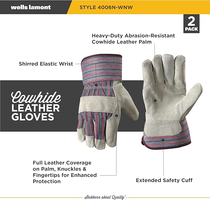 Wells Lamont 2 Pair Pack Men's Leather Work Gloves with Heavy Duty Reinforced Palms, Large (4006N-WNW), Grey