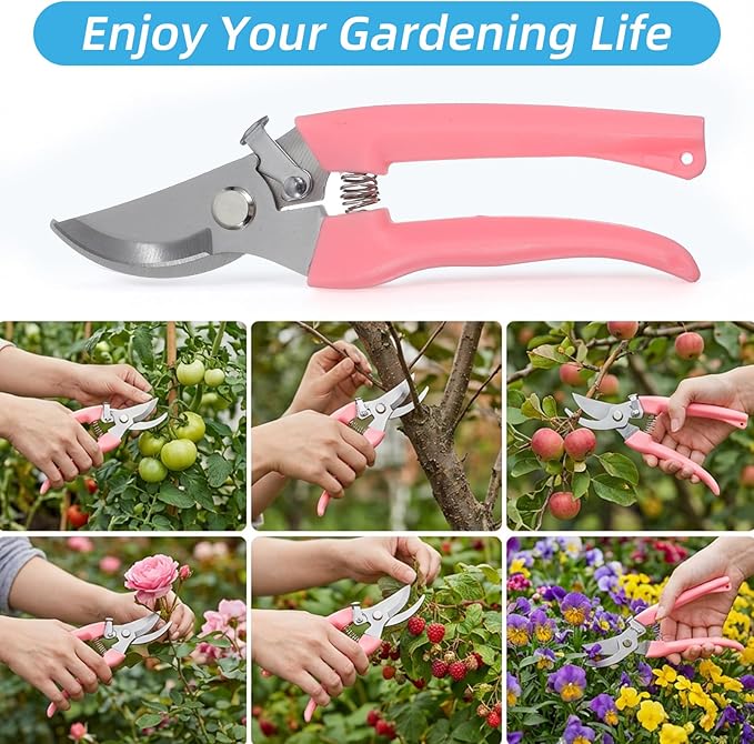 2 Pieces Garden Pruning Shears - Curved Pink Handle Scissors for Flower Cutting, Plant Trimming, Bonsai Care, and Fruit Picking - Heavy Duty 6.8-inch Gardening Tools