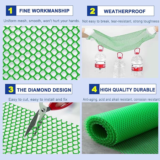 Upgraded Plastic Chicken Wire Fence Mesh 0.7in Poultry Animal Barrier Fence Garden Netting for Farm Poultry Chicken Netting Width 3.3ft(Size:98'L x 3.3'W Roll,Color:Green)