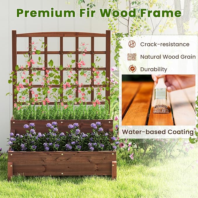 Giantex Raised Garden Bed with Legs and Trellis, 2-Tier Standing Planter Box with Drain Holes, Outdoor Elevated Garden Trellis for Vine Climbing, Flower Vegetable Fruit Herb Growing, Rustic Brown