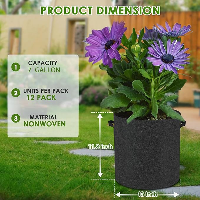 12-Pack 7 Gallon Thickened Non-Woven Breathable Plant Grow Bags, Fabric Inflatable Pots Flowerpots with Handles, Fabric Plant Bags, Black.