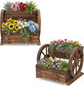 Giantex Wooden Wagon Planter Box, Garden Planter with Drainage Holes & Wheels for Flowers Herbs Vegetables, Indoor Outdoor Decorative Flower Cart for Patio Garden Balcony (2)