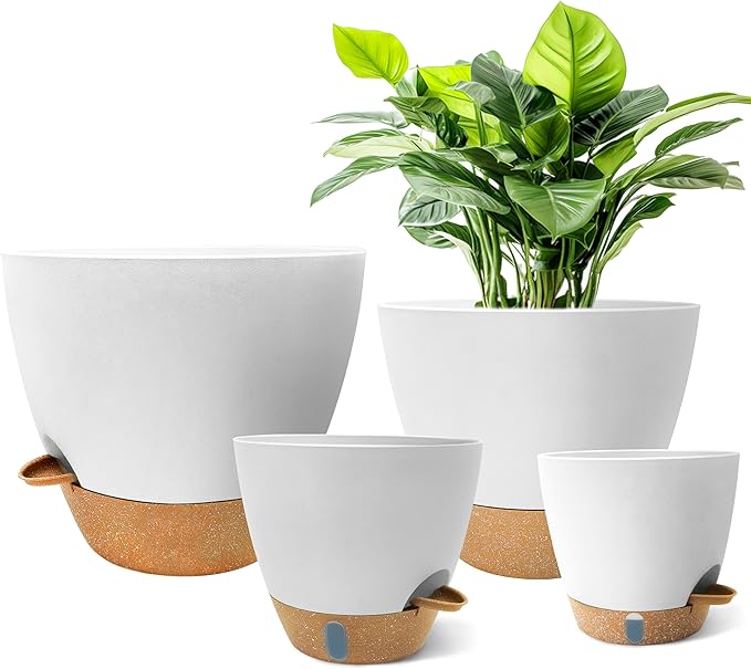MNKXL 12"/10"/9"/8" Self Watering Pots with Visual Water Window,Extra Large Self Watering Plant Pots with Drainage Holes & Saucers,White Planters for Indoor Plants,4-Pack