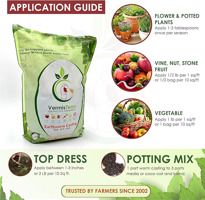 VermisTerra - Premium Earthworm Castings - Organic 10 LB, Very fine, Low Moisture Content, Easy to Spread. Seed Starting, propgation, Improve Soil Structure, Natural Plant Hormones for Fertility