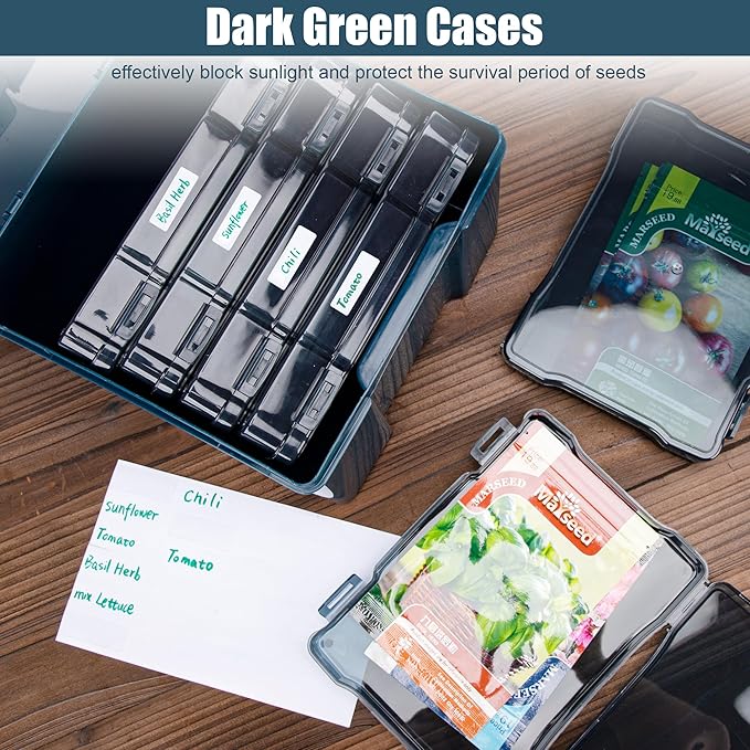 Dark Green Seed Storage Box with 6 Inner 57 Inch Small Boxes, Portable Tool Storage Box for Fishing, Garden Seed Packet Storage Organizer with Label Stickers
