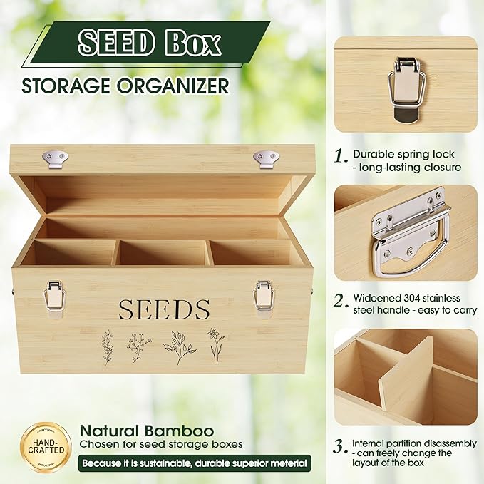 Bamboo Seed Storage Organizer, Large Garden Seed Organizer with Lid & Safety Lock & Handles, Seed Box Includes Seed Envelopes and Labels etc, Great Gifts Gardening Kit (Wood)
