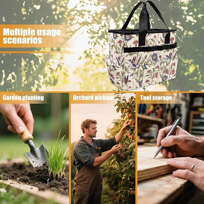 Hummingbird Flower Garden Tool Bag Portable Gardening Tool Organizer Bag with 10 Pockets and Handle Tool Carrier and Storage for Garden Lawn Yard Casual Camp