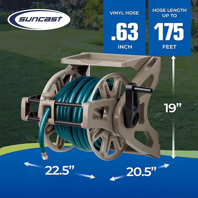 Suncast Hose Handler Wall-Mounted Reel for Outdoor Garden Storage, Light Taupe - Holds 175 ft of Standard 5/8" Vinyl Hoses, Resin Organizer with Slide Trak Guide and Accessory Tray.