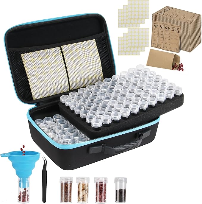 140 Slots Seed Storage Organizer, Garden Saving kit Seed Organizer with 30 Seed Envelopes, Write Label, Funnel, Tweezer for Plants Vegetable Seed Saver (Seeds not Included)