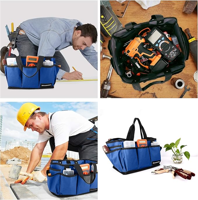 Housolution Gardening Tote Bag, Deluxe Garden Tool Storage Bag and Home Organizer with Pockets, Wear-Resistant & Reusable, 14 Inch, Blue