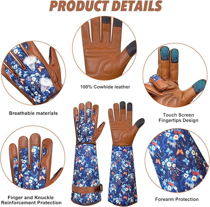 DLY Gardening Gloves for Women, Rose Gloves Thorn Proof, Long Garden Gloves for Women, Breathable Cowhide (X-Large, Brown)