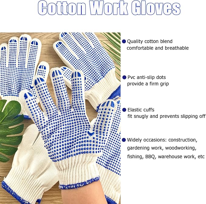 12 Pairs Cotton Work Gloves for Men Women,Hardy Cloth Moving Gloves with Grip,String Knit Gloves Bulk for Garage Warehouse