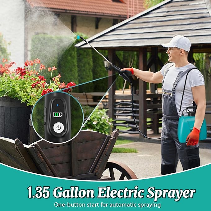 1.35 Gallon Battery Powered Sprayer, Electric Garden Sprayer with Rechargeable Handle, 3 Mist Nozzles, Retractable Wand, Water Pump Sprayer with Adjustable Shoulder Strap for Yard, Lawn and Garden