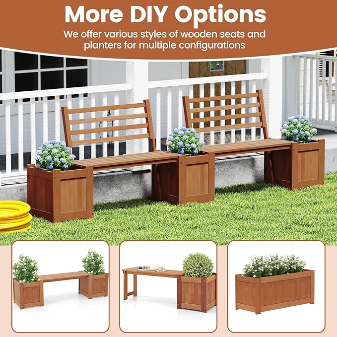 Giantex Set of 2 Outdoor Bench with Backrest, Wood Raised Garden Bed w/Open Base, Weather-Resistant Square Deep Planter Boxes for Flowers Fruit Vegetable, Bench Seat for Porch Yard Balcony Lawn