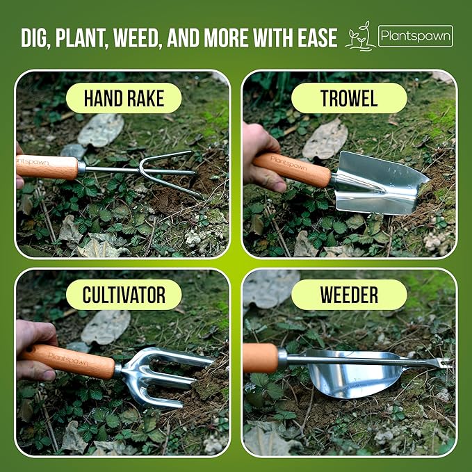 9 PCS Gardening Tools Set with Bag | Heavy-Duty Rust-Proof Hand Tools with Wooden Handles Including 15 Plant Tags | Ideal Gift for Women, Men, Mom, Dad & Gardeners