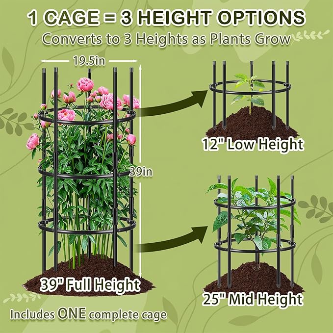 19.5" D x 39" H Peony Plant Support Cage, 3 Tier Stackable Plant Support Ring, Metal Core with PVC Coated Stakes, Garden Plant Support for Peonies Tomatoes and Climbing Plants