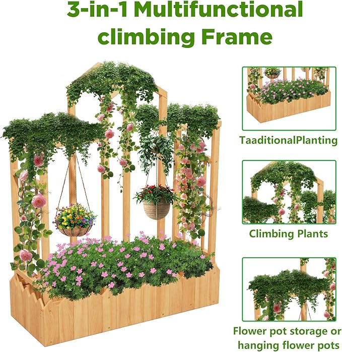 Raised Garden Beds with Arch Trellis Outdoor, Wooden Planter Boxes with Hanging Roof, Side Trellis Patio Wooden Flower Pots for Vines Climbing Vegetables Plants(Wood5)