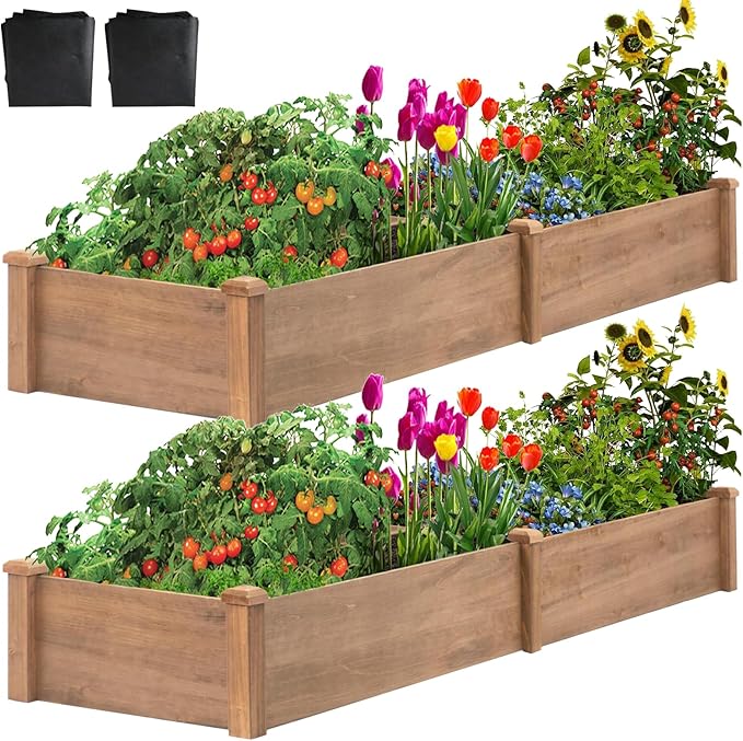 PetsCosset 8x2Ft(2 Pack) Raised Garden Bed – Planter Box for Outdoor Plants, Fir Wood Garden Beds for Vegetable, Herb, and Flower Cultivation – Easy Assemble