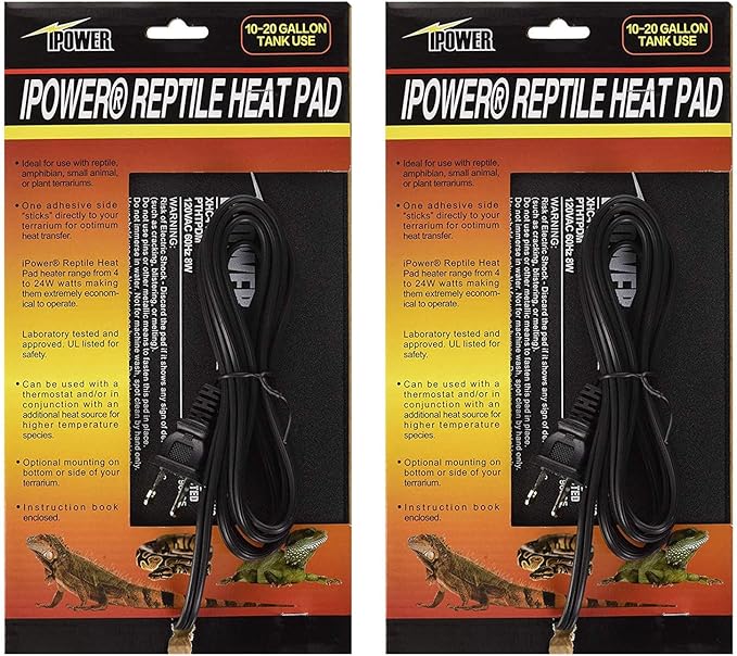 iPower 6x8 Inch Reptile Heat Pad Under Tank Heater, Energy-Efficient & Waterproof Design Terrarium Warmer Mat for Turtles, Lizards, Snakes, 2 Pack