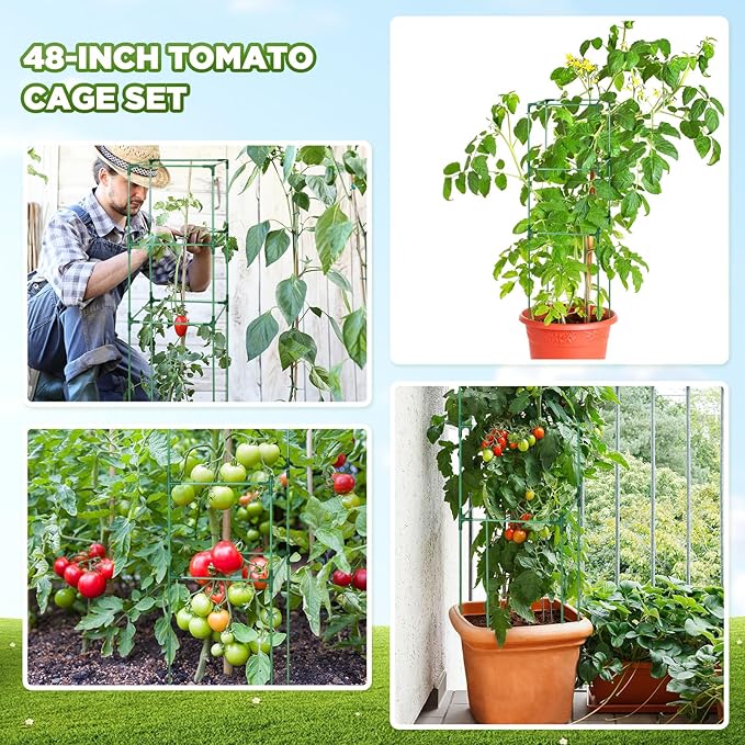 Menkxi 8 Pack 48 Inch Square Tomato Cages for Garden Heavy Duty Plant Cages Plant Support Stake Tower Climbing Vegetables Fruit Plants Cages with 200m Garden Wire 100 Cable Ties 50 Green Plant Clips