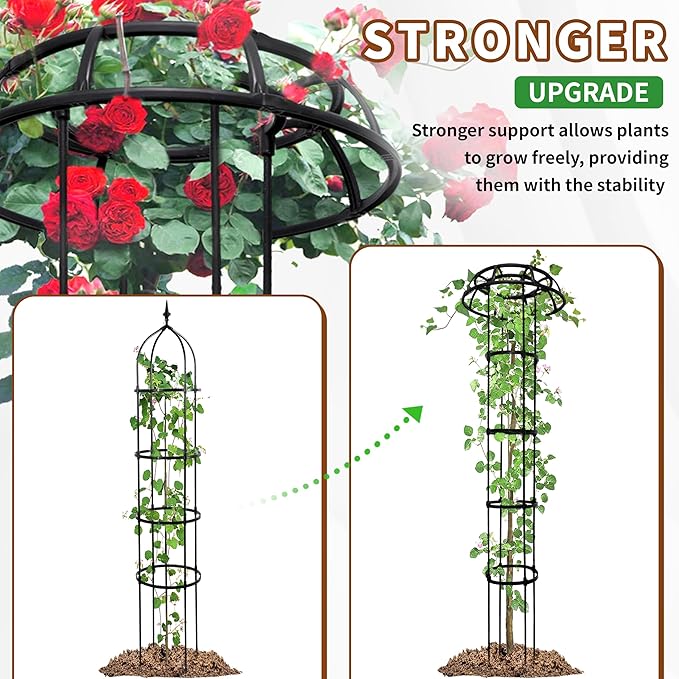 4-Ring Mushroom Top Trellis for Climbing Plants, 65 Inch Tall Adjustable Plant Support for Outdoor Indoor Garden, Sturdy Metal Core with Plastic Coating, Black