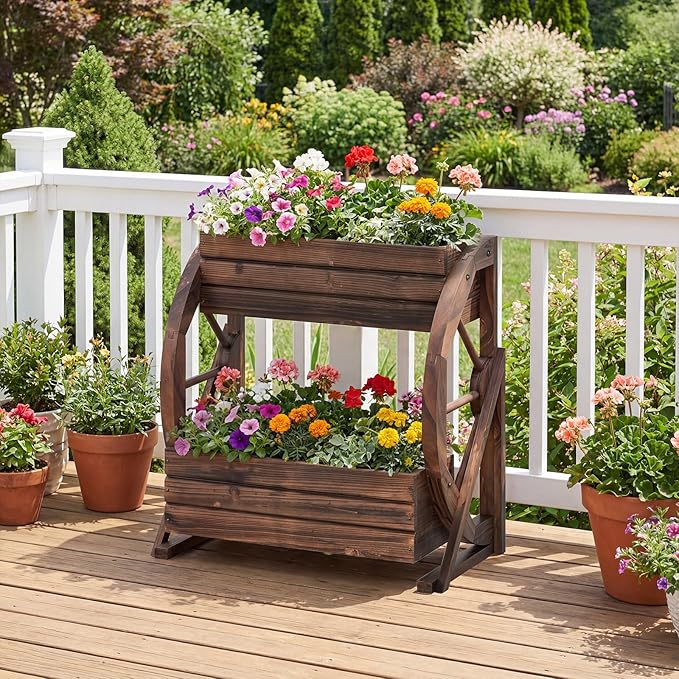 HAPPYGRILL 2-Tier Raised Garden Bed, Rustic Wood Wagon Planter Box with Drainage Holes & Semi-Wheels for Vegetables Herbs, Indoor Outdoor Decorative Flower Cart Pot Stand for Patio Yard Balcony (2)