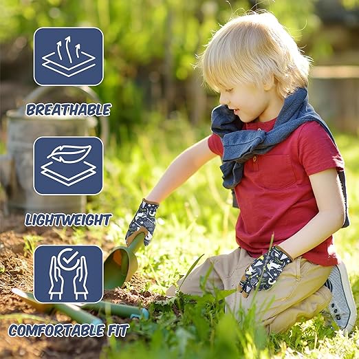 HANDLANDY 2 Pairs Kids Genuine Leather Gardening Gloves for ages 3-11, Children Toddler Work Outdoor Playing Gloves for Boys Girls Gift (Large (for age 8-11), Blue)