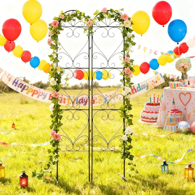 2PCS Metal Garden Trellis for Climbing Plants Outdoor, Heavy-Duty Cucumber Tomato Trellis for Raised Garden Bed, Decorative Wrought Iron Trellis Arch for Wedding Party Decor