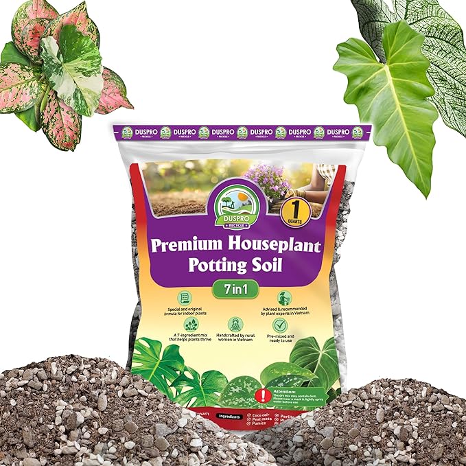 DUSPRO Recycle 1QRT Pre-Mixed House Plant Potting Mix 7in1 with Potting Soil Indoor Plants, Tropical Indoor Potting Soil with Pine Bark, Pumice, Coco Coir, Perlite, Worm Castings, Gypsum, Peat Moss