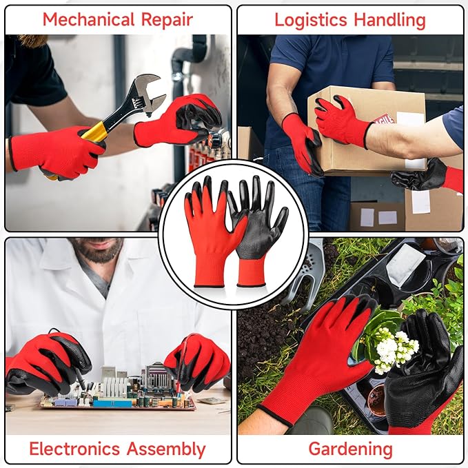 Nitrile Coated Work Gloves - 12 Pairs Red Construction Gloves for Women & Men Winter Work, Reusable Firm Grip Heavy Duty Gloves for Working, Gardening, Fishing, Climbing, Extra Large