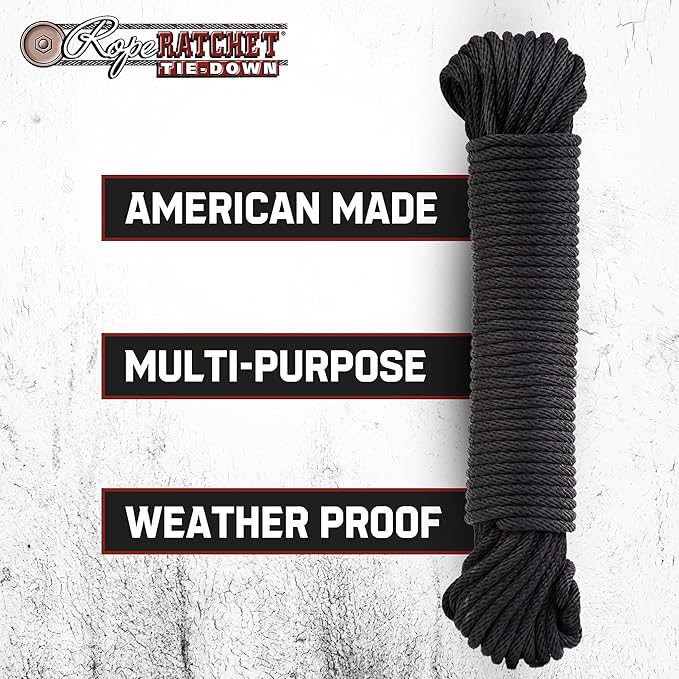 Rope Ratchet 1/8" 50 ft Braided Polyester Utility Cord, Weather Resistant Indoor Outdoor for Gardening, DIY Projects, Securing Loads, Binding, Knot Tying, Tarp Use, 75 lb Capacity - Black