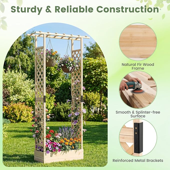 Giantex Wooden Raised Garden Bed with Trellis & Hanging Roof, 2 Pack Fir Wood Planter Box, 89” Freestanding Elevated Garden Bed for Outdoor Climbing Plants Vegetables Flowers, Patio & Balcony, Natural