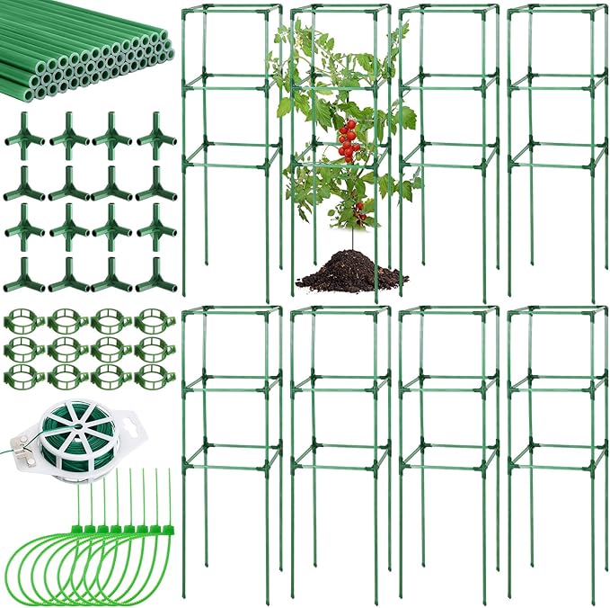 Menkxi 8 Pack 48 Inch Square Tomato Cages for Garden Heavy Duty Plant Cages Plant Support Stake Tower Climbing Vegetables Fruit Plants Cages with 200m Garden Wire 100 Cable Ties 50 Green Plant Clips