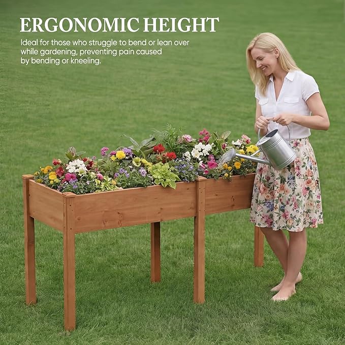 DUMOS Raised Garden Bed with Legs, 72x23x30 Inch Planter Box Outdoor with Liner for Herbs Flowers Vegetables, Elevated Wooden Garden Bed for Patio, Balcony and Backyard, Brown